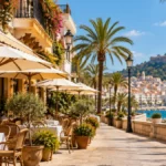 Typische Straßenszene mit Restaurants in der Küstenstadt Calp
