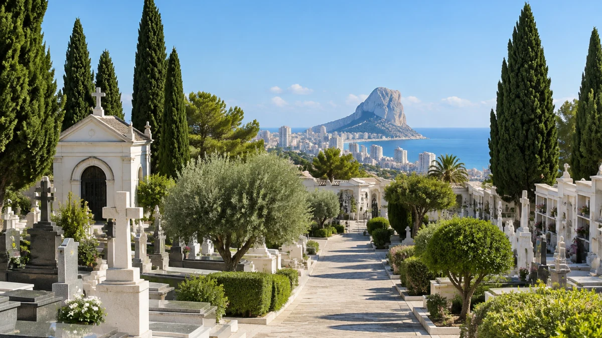 Friedhof von Calpe mit Bäumen und gepflegten Wegen bei Tageslicht, symbolisch für kulturelle Veranstaltungen