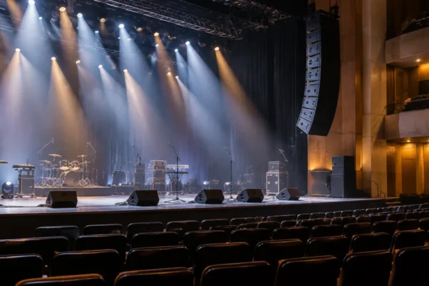 Leeres Auditorium mit Bühne und Bühnenbeleuchtung in einem Kulturzentrum