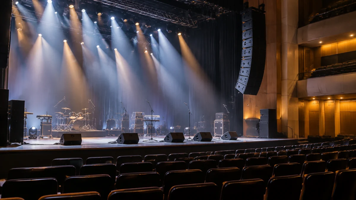 Leeres Auditorium mit Bühne und Bühnenbeleuchtung in einem Kulturzentrum