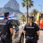 Polizeistreife auf einer Straße in Calpe während eines Rettungseinsatzes, symbolisch für schnelle Hilfe