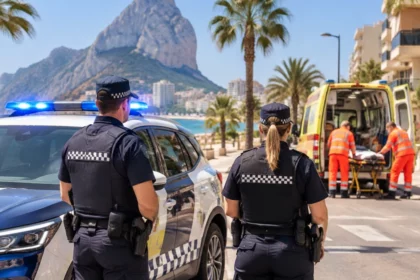 Polizeistreife auf einer Straße in Calpe während eines Rettungseinsatzes, symbolisch für schnelle Hilfe