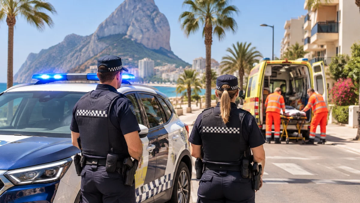 Polizeistreife auf einer Straße in Calpe während eines Rettungseinsatzes, symbolisch für schnelle Hilfe
