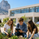 Schüler arbeiten gemeinsam an einem Umweltprojekt vor einer Schule in Calp
