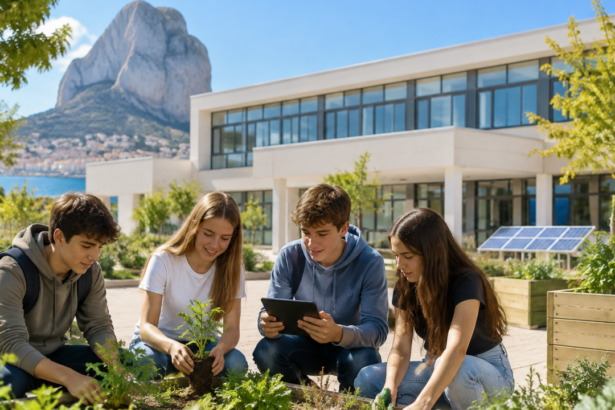 Schüler arbeiten gemeinsam an einem Umweltprojekt vor einer Schule in Calp
