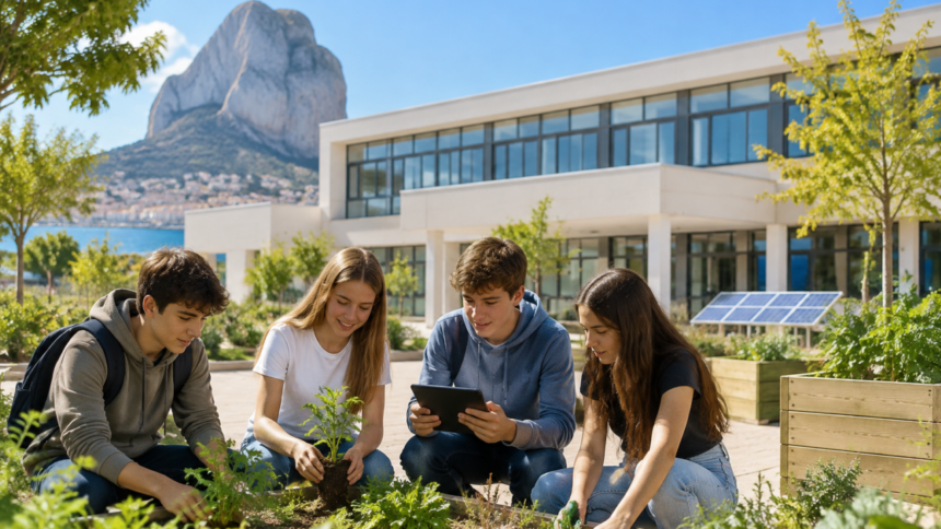 Schüler arbeiten gemeinsam an einem Umweltprojekt vor einer Schule in Calp
